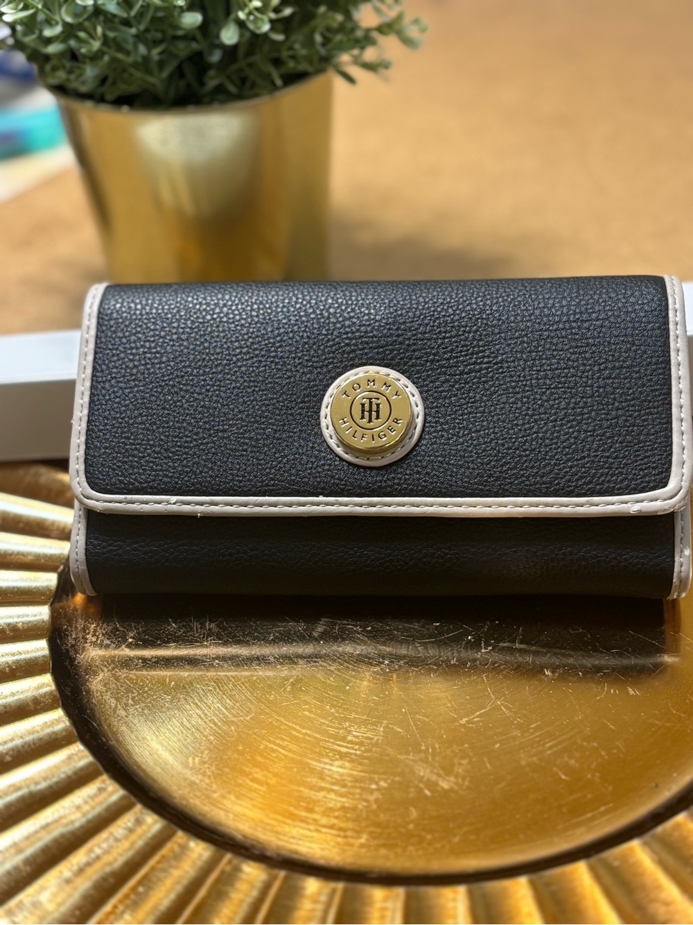 Tommy Hilfiger Black Wallet with Cream Trim and Gold Logo